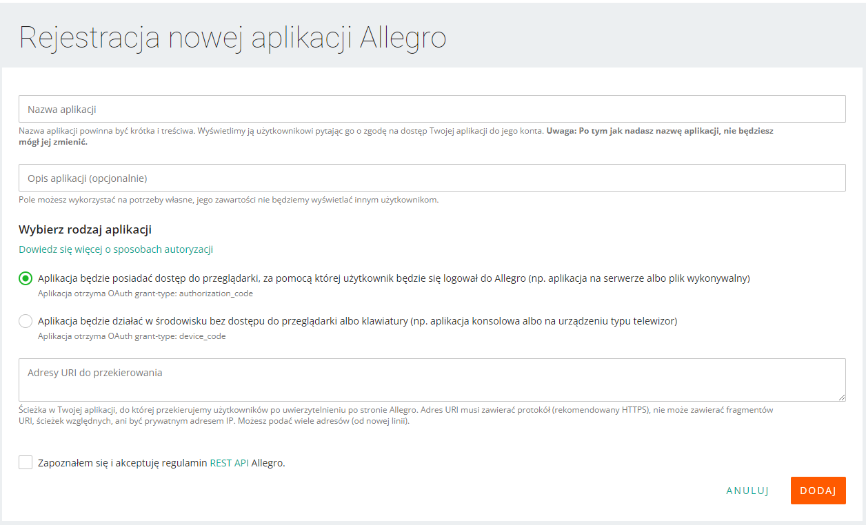 rejestracja aplikacji na Allegro